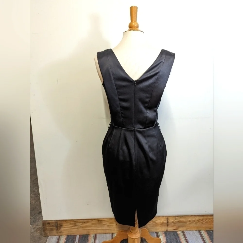 ELLEN Tracy Black Satin Sheath Wiggle Dress Mad Men MCM Style 6 Sleeveless